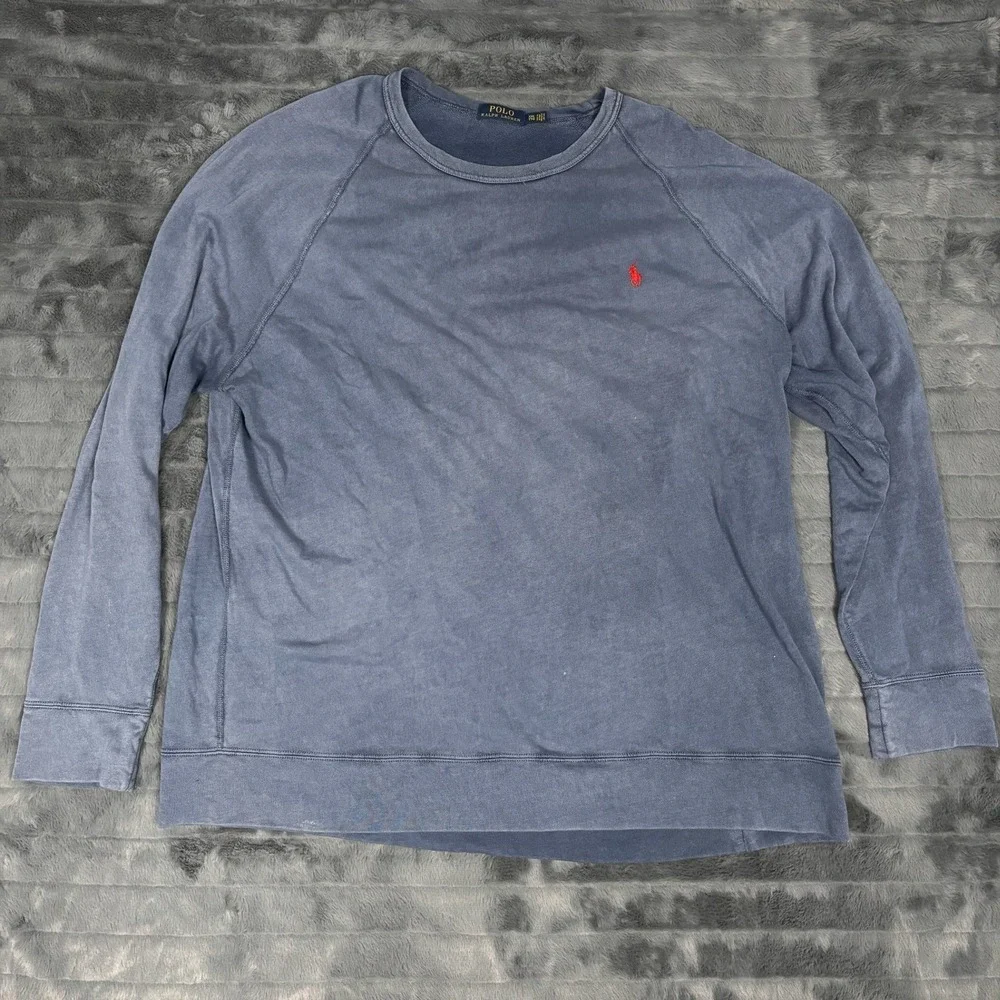 Polo Ralph Lauren Mens XXL Blue Faded French Terry Crewneck Sweatshirt Red Pony